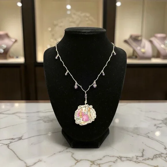 Broken China Hand-Painted Porcelain Fragonard Cameo w/ Sterling Silver Necklace - Picture 6 of 13